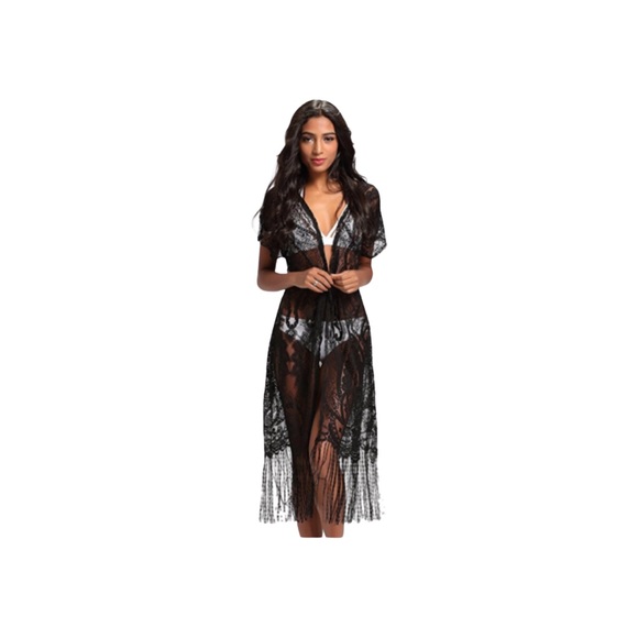 Black Lace Fringe Kimono coverup Small - Picture 1 of 6